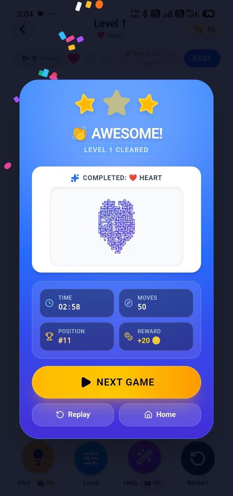Arrow Puzzle completed level screen with score and next game button