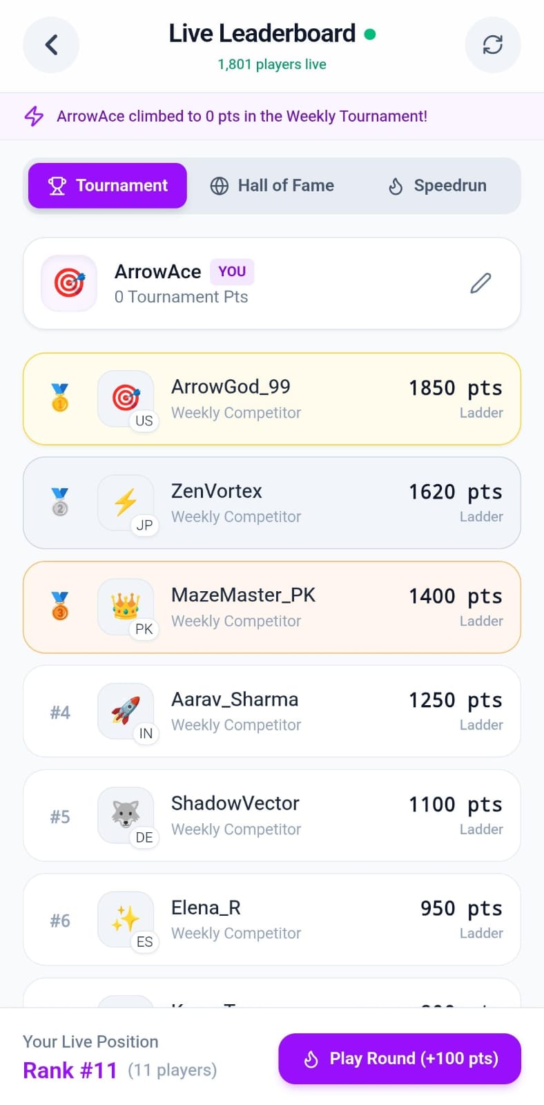 Arrow Puzzle live leaderboard ranking players by points