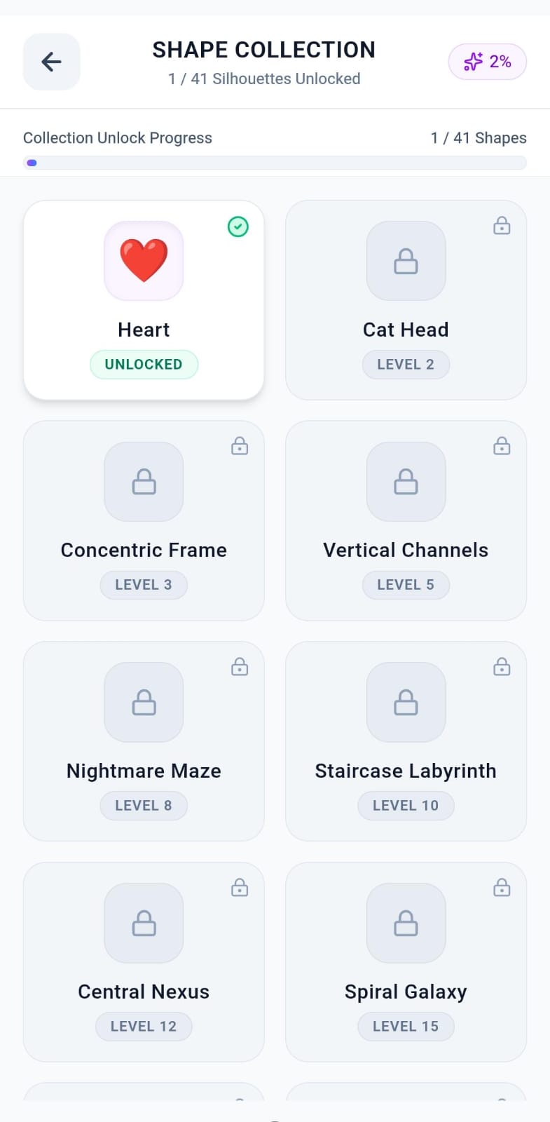 Arrow Puzzle shape collection showing unlockable silhouettes